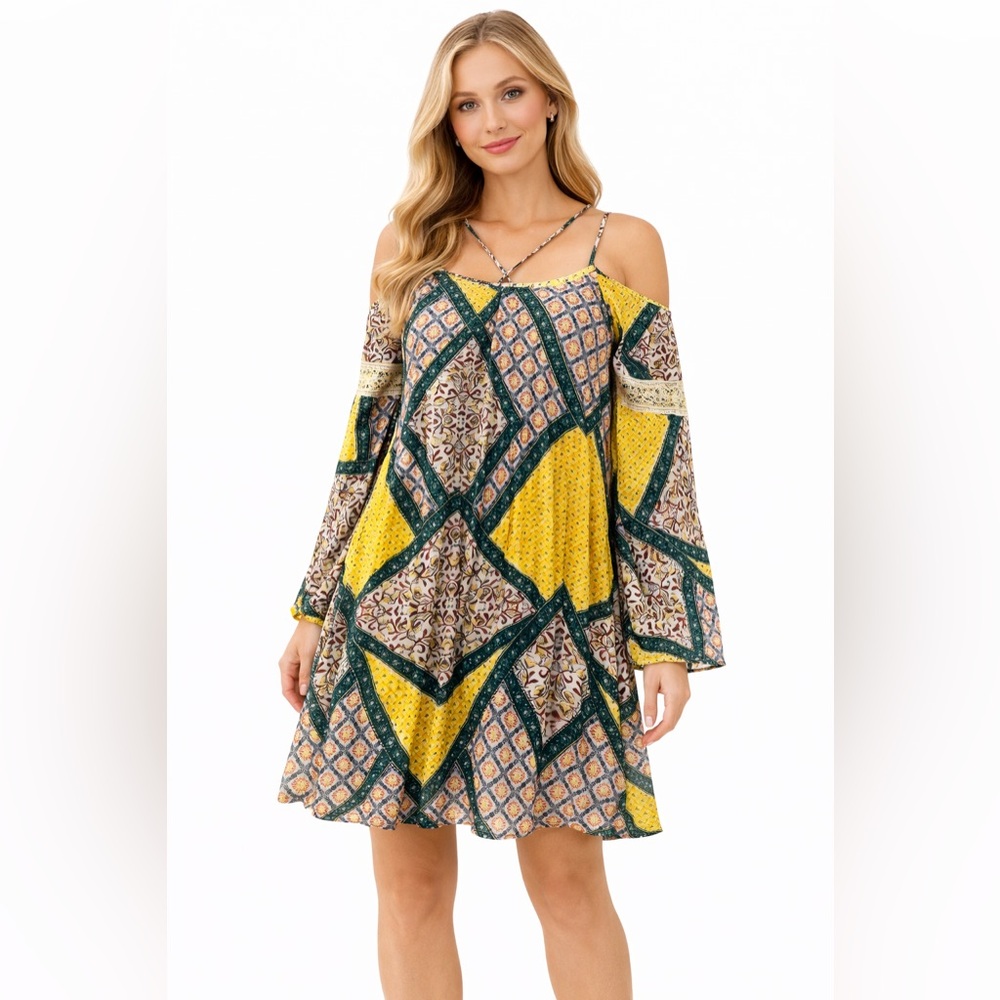 Xhilaration Mini Dress | Cold-Shoulder | Boho | Bell Long Sleeve | M | NWT